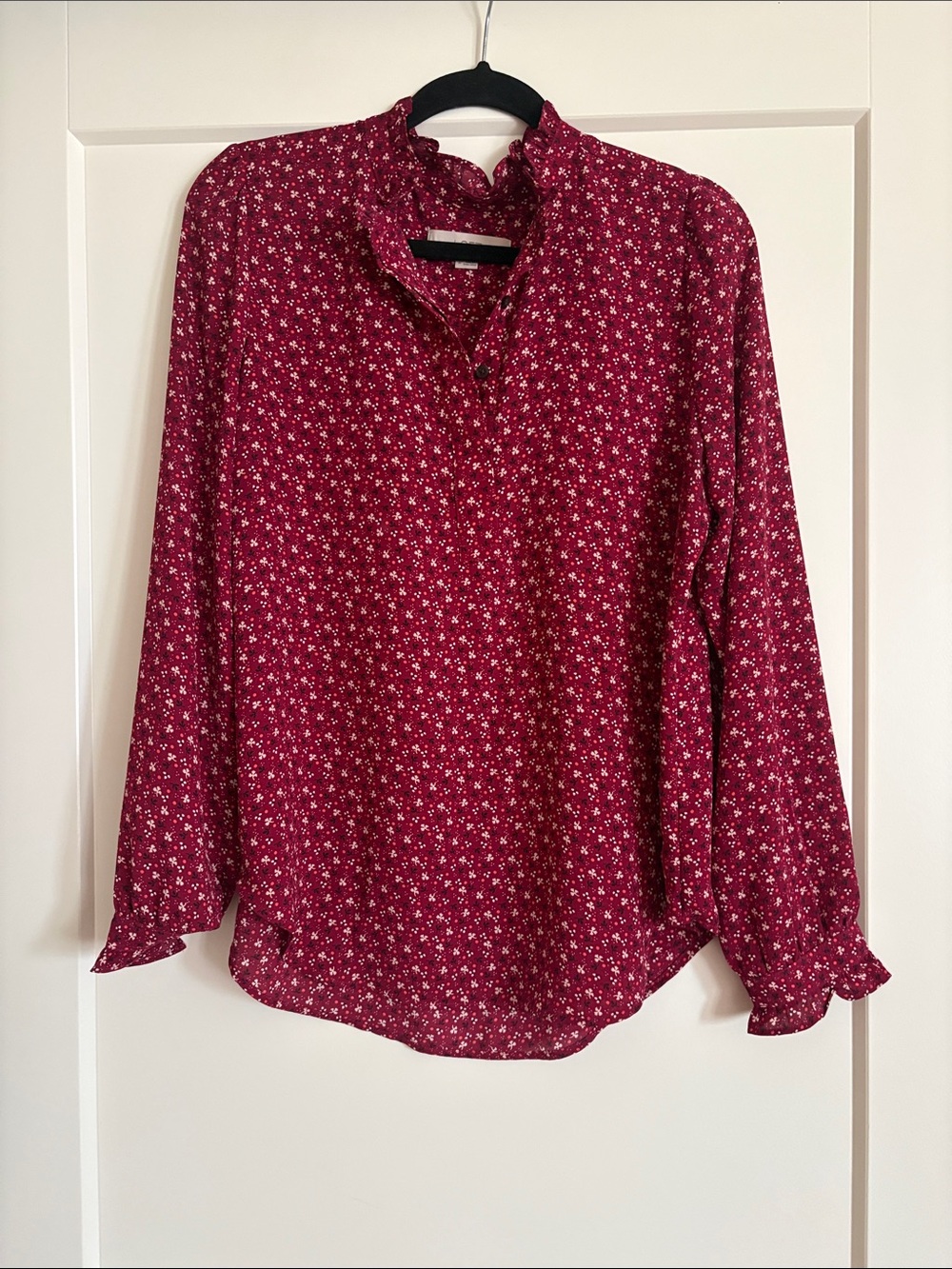 LOFT Burgundy Floral Ruffle-Neck Long Sleeve Blouse